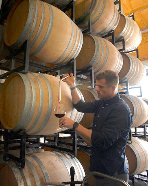 Winemaker Matt Iaconis thieving a glass of wine at Healdsburg Custom Crush where he produced brick &amp; mortar wines in Healdsburg, California on April 4, 2020.rr(Photo: Erik Castro/for Sonoma Magazine)